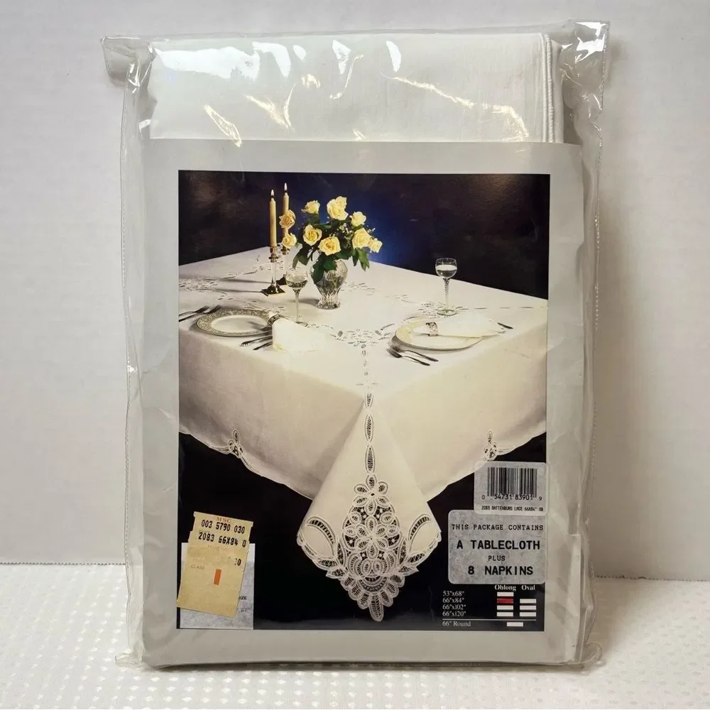 China Art Linens White Battenberg Lace Oblong Tablecloth with 8 Napkins